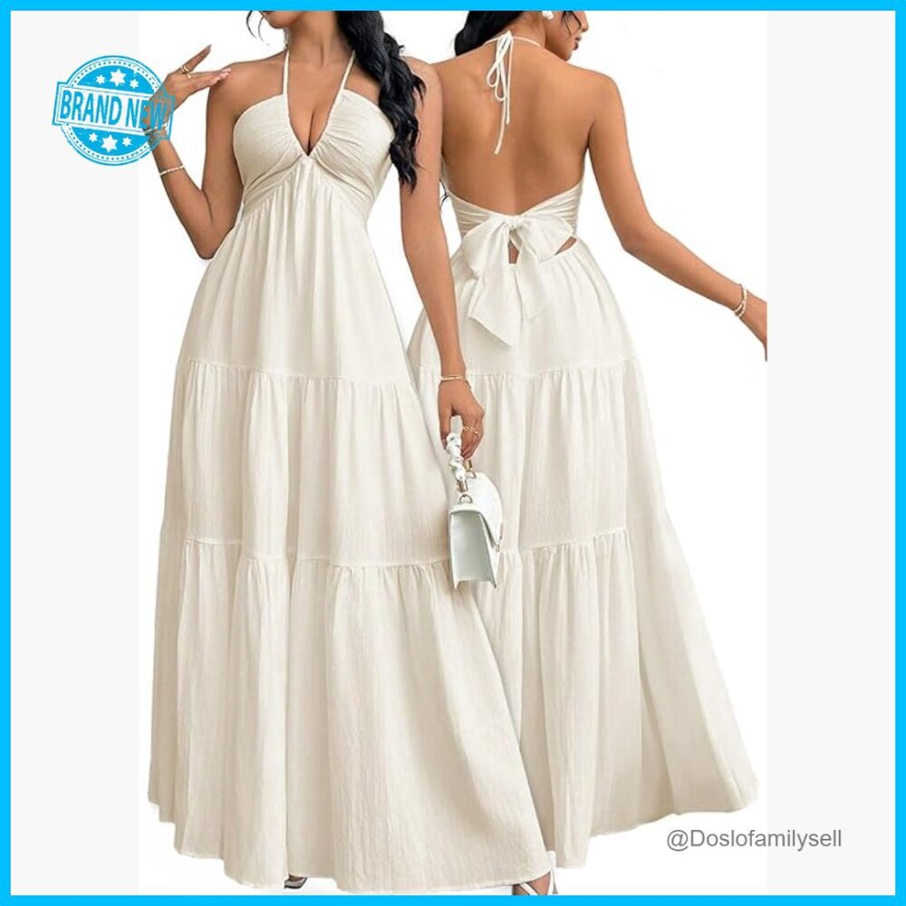 Halter Maxi Dress Elegant A-Line Backless Summer Vacation Beach Chic